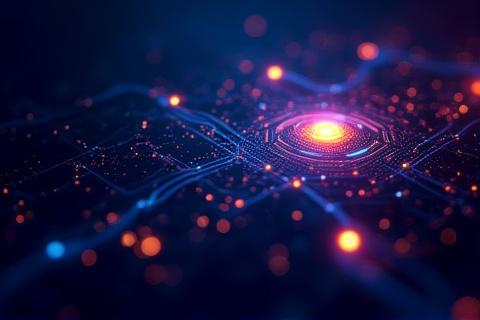 Abstract image representing quantum computing and financial data, with glowing geometric patterns and secure data streams.