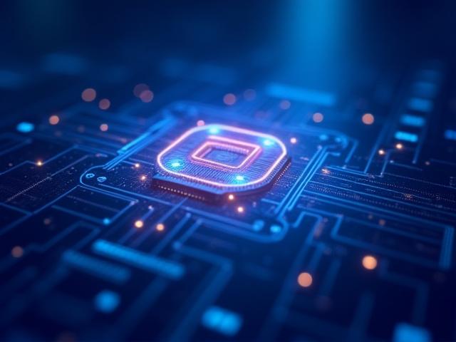 Conceptual image of quantum computing, showing intertwined abstract light patterns over financial charts.